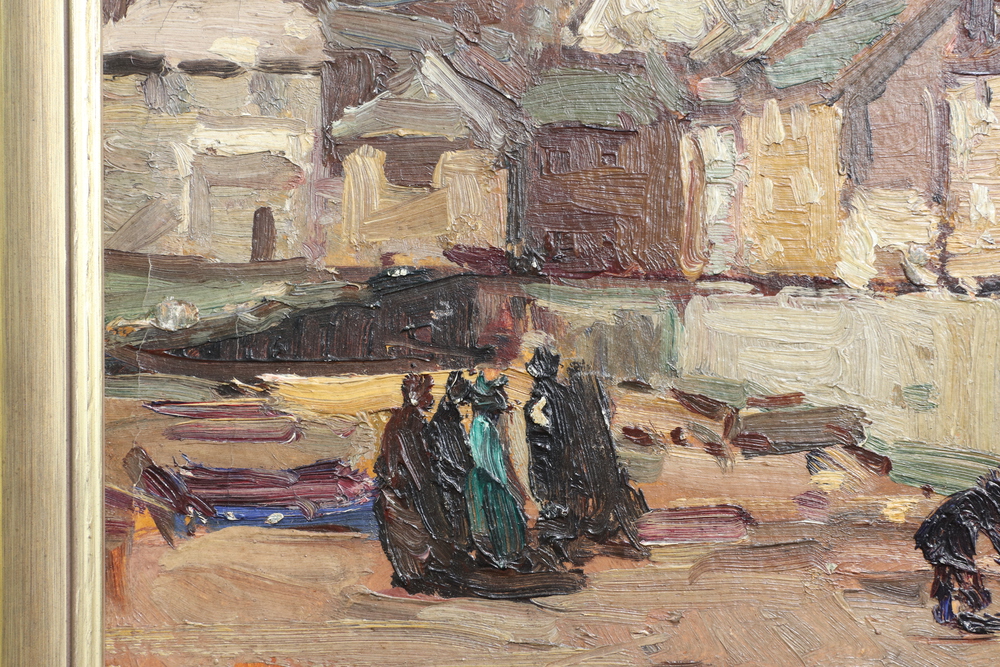 Cornish School, oil on board, study of figures on a beach with village in the background, signed - Image 3 of 5