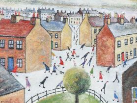**Paul Robinson, born 1959, (Cornish), oil on board, a Lowry style townscape with figures, label