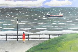 **Paul Robinson, born 1959 (Cornish), oil on canvas signed, figure on a promenade, label