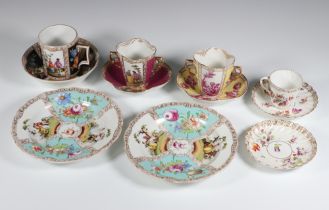 A 19th Century Dresden cabinet mug decorated with panels of figures and flowers, ditto saucer, 2