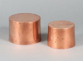 Two 19th Century cylindrical copper jelly moulds 6cm x 8cm and 7cm x 10cm