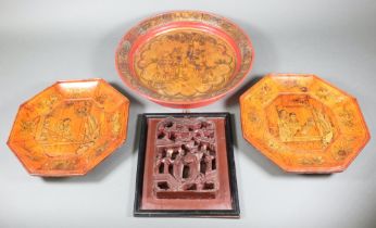 A Chinese rectangular carved hardwood plaque with figures 27cm x 22cm, 2 octagonal Chinese lacquered