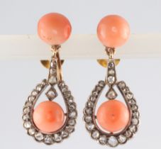 A pair of Victorian yellow metal coral and diamond drop ear clips, 27mm, 5.23 grams (one diamond