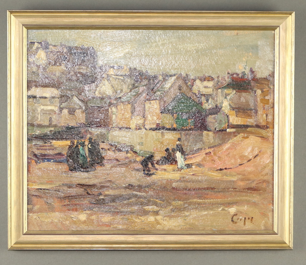 Cornish School, oil on board, study of figures on a beach with village in the background, signed - Image 2 of 5