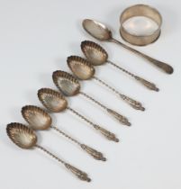 Six Edwardian silver apostle spoons Birmingham 1907 together with a napkin ring and spoon, 62 grams