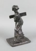 A 19th Century Continental bronze of a standing girl carrying a plank, signed 28cm h x 16cm w x 13cm