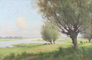 W J Albert (1912-1952) oil on canvas signed, cattle beside a river, 39cm x 59cm