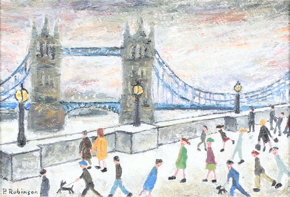 **Paul Robinson (born 1959), oil on board signed, Tower Bridge view, label on verso "A Tower