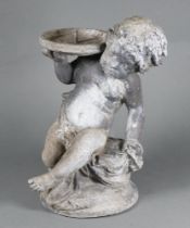 A 19th/20th Century cast lead garden fountain in the form of a seated cherub supporting a saucer