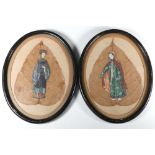 Two Chinese watercolours on leaves of robed ladies, oval, 20cm x 14cm