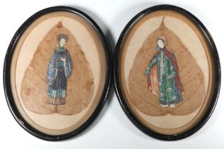 Two Chinese watercolours on leaves of robed ladies, oval, 20cm x 14cm