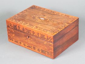 A rectangular inlaid rosewood trinket box with hinged lid and mother of pearl panel to the centre,