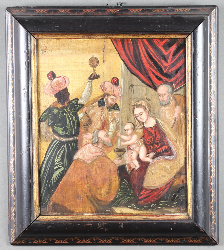 17th Century oil on panel, nativity scene contained in a painted ebonised frame 34cm x 29cm The - Image 2 of 3