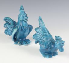 Two Art Deco turquoise glazed figures of cockerels 15cm and 12cm