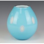 A Studio Glass blue baluster vase decorated with oval white glass panels 18cm