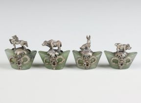 Four Chinese hardstone and white metal figures of animals 2cm