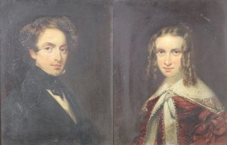 A pair of 19th Century oil paintings, portraits of a young lady and gentleman, unsigned, 24cm x