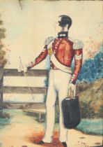 A 19th Century watercolour, naive study of a soldier 30cm x 22cm This picture is faded and there