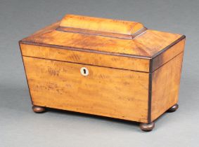 A 19th Century satinwood twin compartment tea caddy of sarcophagus form with hinged lid raised on