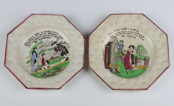 A pair of 19th Century Pearlware moulded octagonal plates of allegorical studies 14.5cm Minor