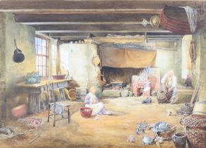 FGG, 19th Century watercolour, monogrammed and dated 1877, study of an interior scene with a young