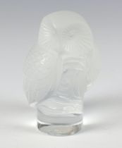 A Lalique frosted glass figure of an owl, etched lower case marks 10cm The base is chipped