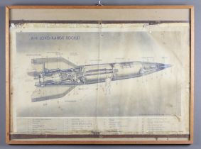 A Second World War diagram of a A-4 Long-Range rocket, dated 44 49cm x 75cm This print is