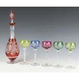 A Val St Lambert pear shaped liqueur decanter 34cm and 5 small multi coloured liqueur glasses