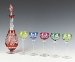 A Val St Lambert pear shaped liqueur decanter 34cm and 5 small multi coloured liqueur glasses