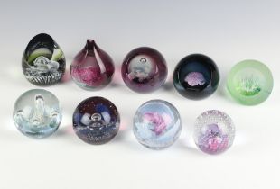 Nine Caithness paperweights - Gemini 8cm, Aquarelle no.493 of 500 7cm, Domino 372 of 1000 10cm, Blue