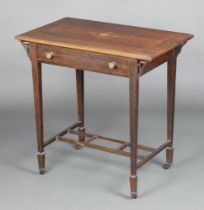 An Edwardian rectangular inlaid rosewood side table fitted a drawer, raised on square tapered