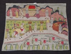 An Egyptian style wool work panel decorated figures in procession 87cm x 111cm