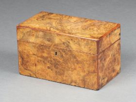 A Victorian rectangular figured walnut twin compartment tea caddy with hinged lid 14cm x 25cm x 13cm