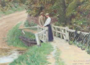 G C Hindley, oil on board, figures on a bridge, "A Good Appointment" inscribed War Fund 1900 24cm