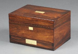 A Victorian rosewood and inlaid brass rectangular vanity/jewellery box with hinged lid, the base