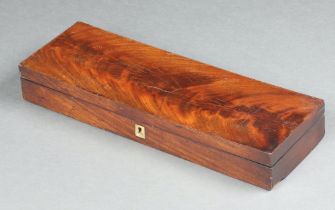 A 19th Century shallow rectangular mahogany box with brass escutcheon and hinged lid 6cm h x 42cm