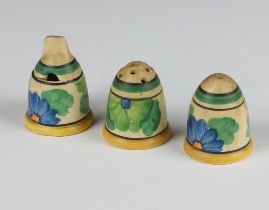 A Clarice Cliff Bizarre Sungay 3 piece condiment decorated with flowers 4cm