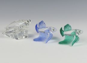 A Swarovski Crystal green glass figure of a Japanese fighting fish 5cm, ditto blue 5cm and a seal
