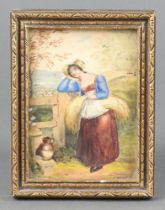 An 18th Century watercolour of a standing lady with sheath of corn by a stile 10cm x 7cm,