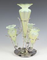 A Victorian silver plated epergne with 4 Victorian vaseline glass tapered vases 30cm