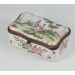 A 19th Century Continental enamelled serpentine box decorated with figures beside a river, the