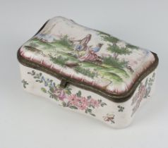A 19th Century Continental enamelled serpentine box decorated with figures beside a river, the