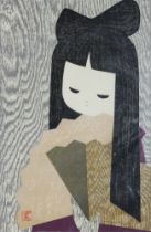 Kaoru Kawano, woodcut print "Girl with a Fan" together with Kogetsu Saigo print "Bird with Flowers",