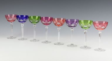 A set of 8 Val St Lambert multi coloured cocktail glasses 14cm