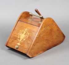 An Edwardian inlaid mahogany wedge shaped coal box complete with brass shovel and zinc lining 34cm h