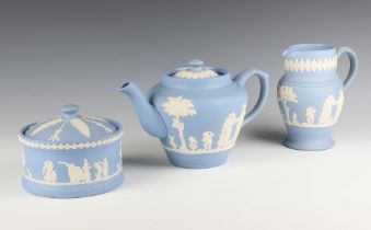 A Wedgwood style blue Jasper circular box and cover 10cm, ditto teapot 14cm and jug 15cm