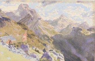 Hans Steiner, watercolour signed, alpine view with chalet in the foreground 24cm x 37cm