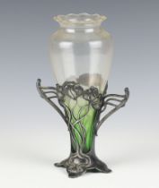 An Art Nouveau green clear glass vase in a repousse pewter floral stand 19cm