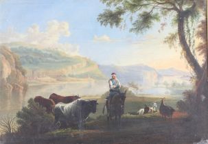 19th Century Continental oil on board of a man on horseback with cattle and goat in an extensive