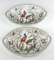 A pair of 19th Century Continental shallow dishes decorated with exotic birds 31cm One is cracked